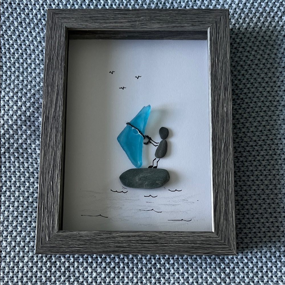 Framed Wind Surfer Pebble Art